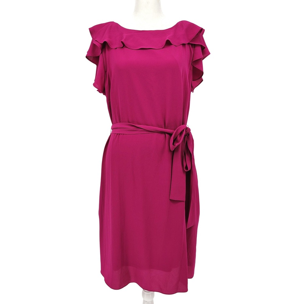 Worthington Sheath Dress Women 10 Magenta Ruffle Neck Flutter‎ Sleeve Romantic